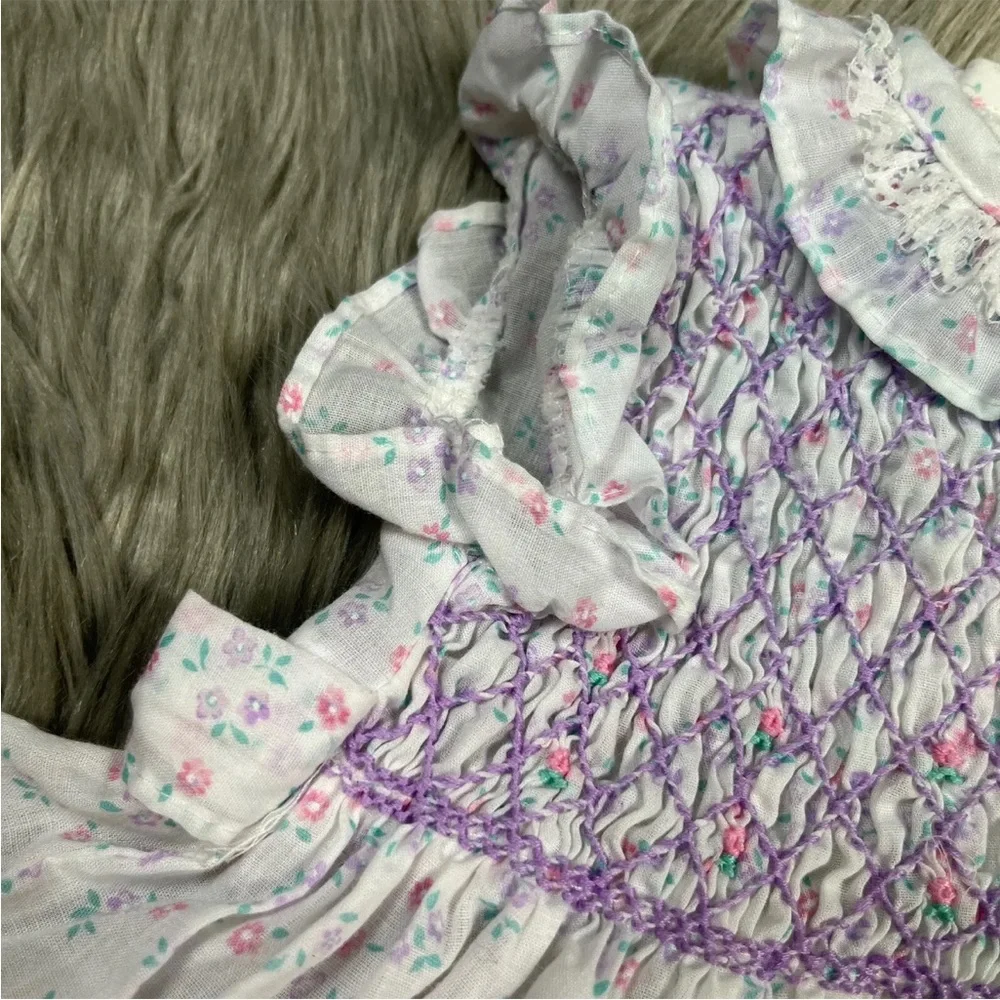 Vintage Polly Flinders White Smocked Floral Ruffle Tie Back Baby Girls Dress